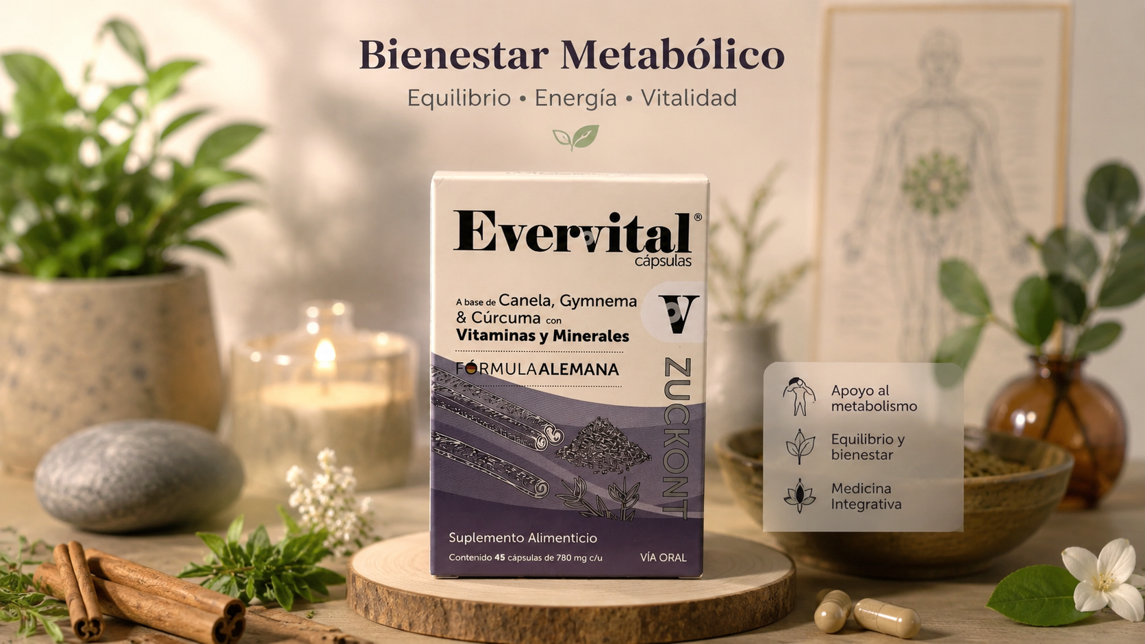 Evervital® Zuckont 90 Cápsulas | Canela, gymnema y cúrcuma