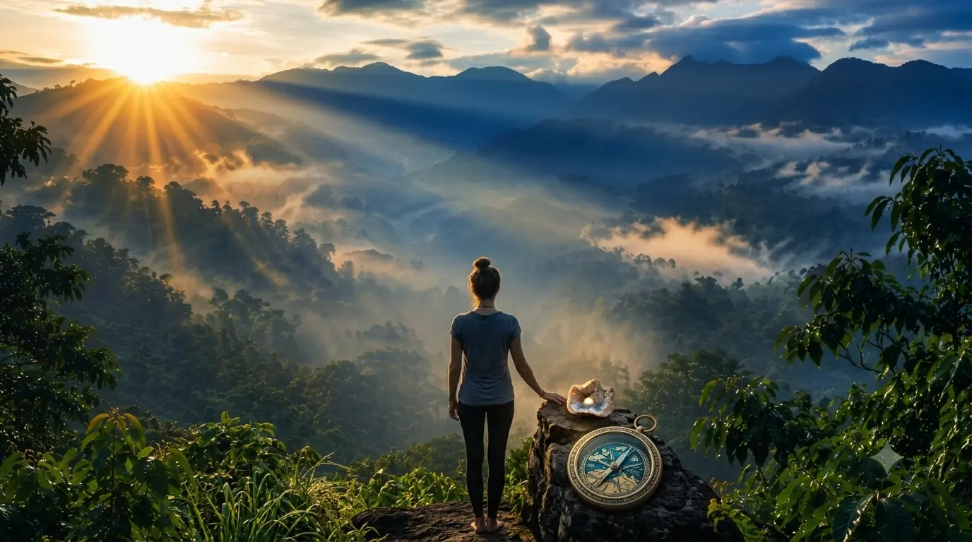 Mujer de pie en la cima de una montaña contemplando un amanecer neblinoso, junto a una brújula dorada antigua y una geoda de cuarzo que simbolizan la guía y la sanación espiritual.