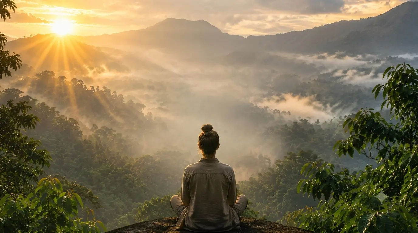 Persona meditando frente a un paisaje montañoso al amanecer