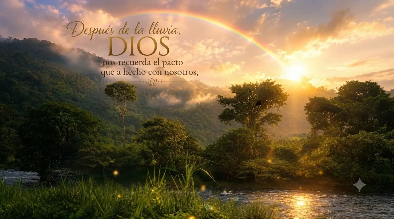 Majestuoso paisaje de montaña con un río y un arcoíris brillante sobre el bosque durante el amanecer dorado.