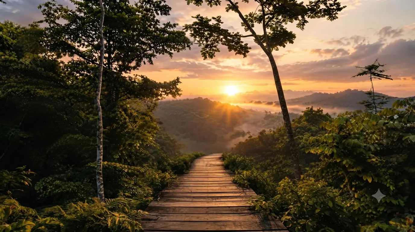 Un sendero de madera extendido serpentea a través de una densa jungla hacia un valle montañoso neblinoso durante la puesta de sol dorada.
