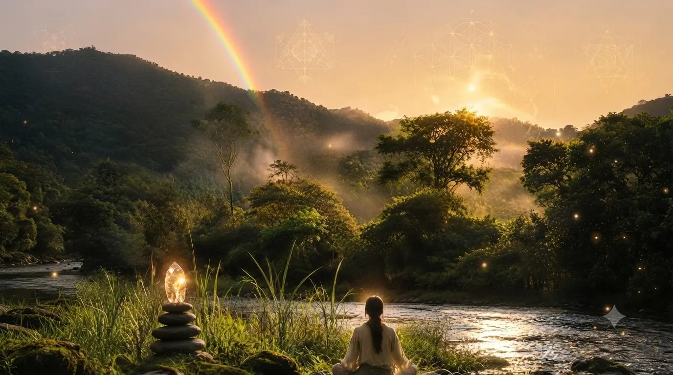 Persona meditando junto a un río en un entorno natural al atardecer, con un arcoíris y símbolos de geometría sagrada en el cielo.